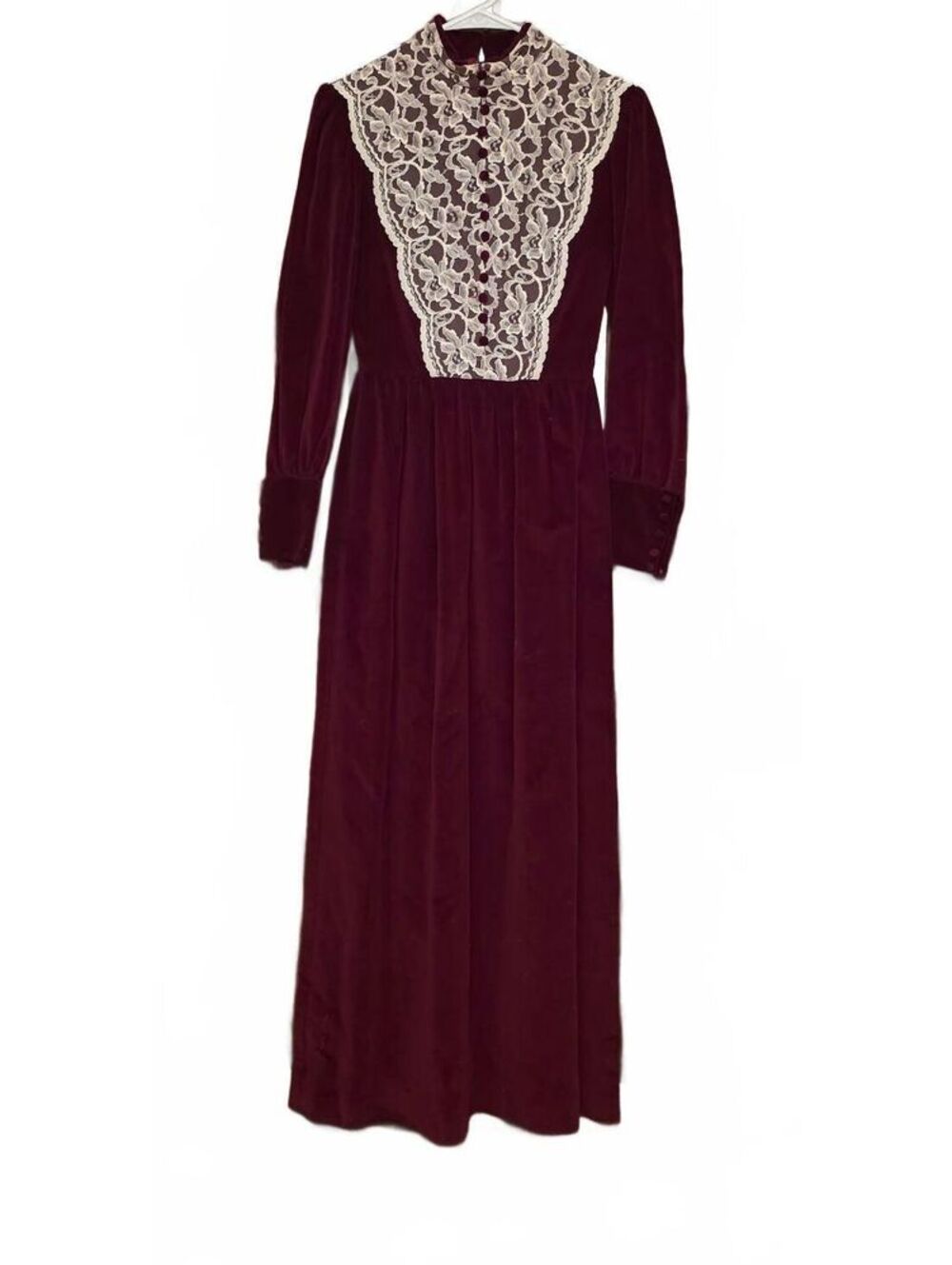 Vintage 1970s Burgundy Velvet Maxi Dress Floral Lace Bib High Neck Prairie S